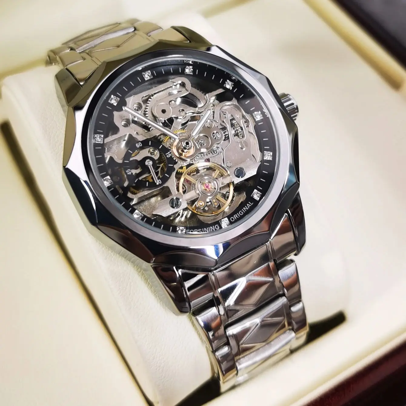 Forsining Fashion Tourbillon Skeleton ساعة ميكانيكية أوتوماتيكية للرجال مضيئة الأيدي مثلج خارج الساعات حزام الفولاذ المقاوم للصدأ #3