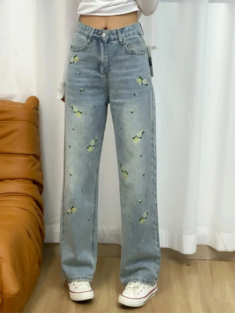 

plus Size Embroidered Waed Denim Pants High Waist Wide Leg Long Trousers Women's National Sle Design Trendy Cotton Blend