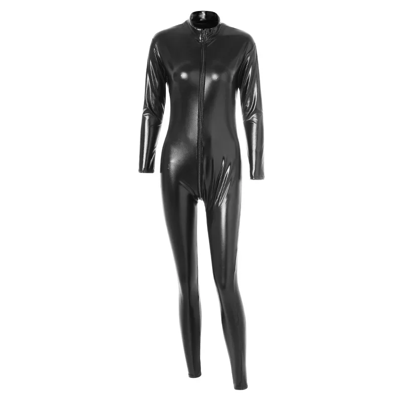 women porn jumpsuit latex pu leather underwear double zipper bodysuit can open crotch tights punk locomotive clothes fetish