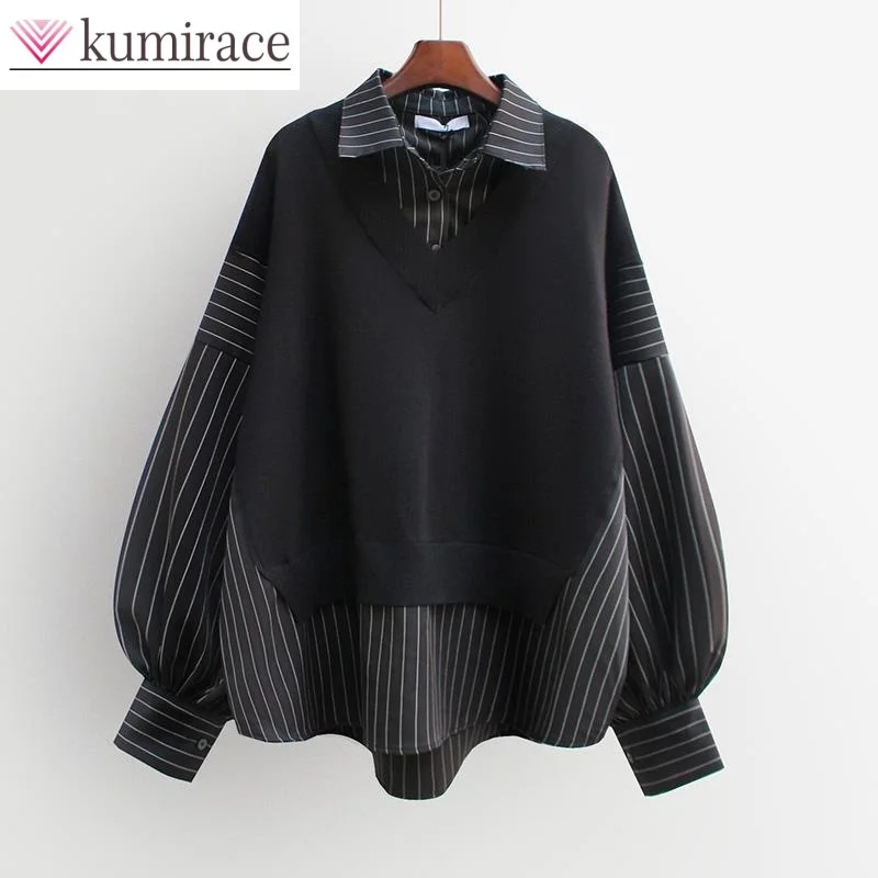 Korean Style Autumn and Winter New Patchwork Fabric Striped Shirt Knitted Sweater Fashionable Women Loose Top Pullover