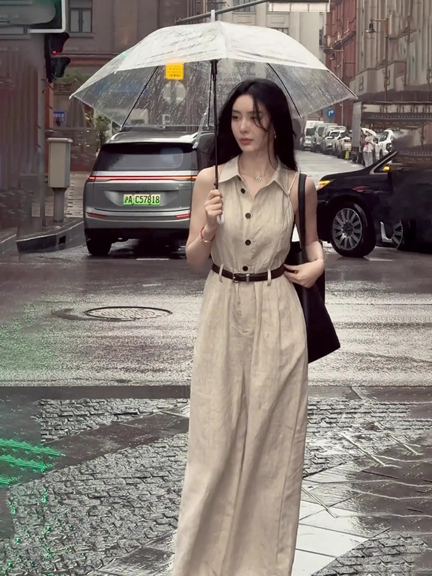 

Faionable Summer Ne-Piece Pants Women's High Waist Wide Leg Pants Commute Sle Light Tawny Color Korean Sle