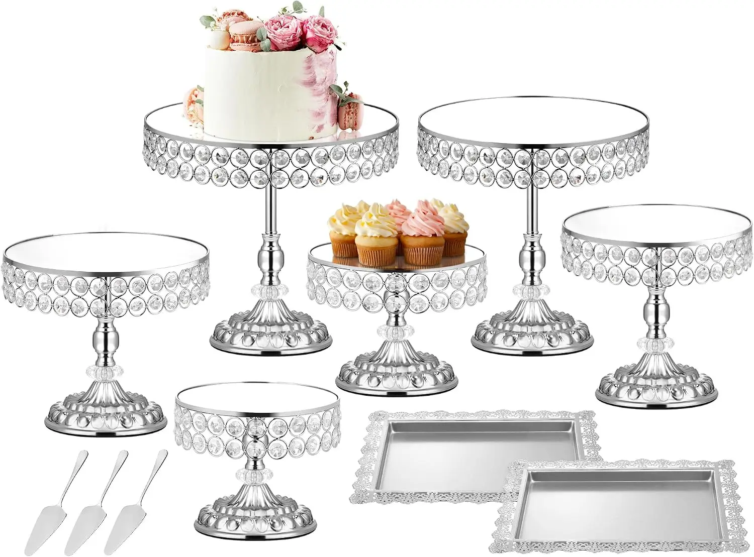 Vintage Silver 12-Piece Cake Stand Set, Dessert Table Display Set with Crystal-Edge Cake Stand and Cupcake Display Tray for Wedding, Party, Baby Shower, Anniversary Celebration