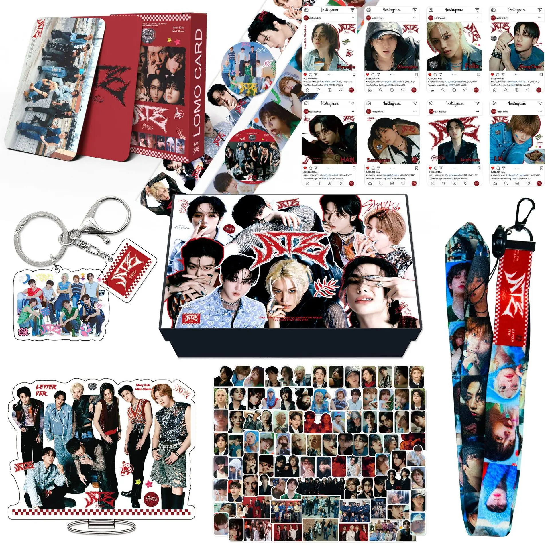 

Skzoo Stray Kids Gift Box Skz Bang Chan Felix album ATE Peripheral Set Keychain Small Cards Stickers Pack Fans Gift