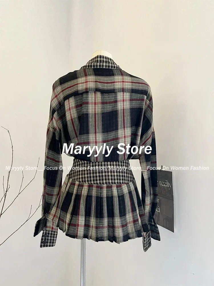 Autumn Y2k Vintage Plaid Outfits 2 Piece Set Women Elegant Long Sleeve Blouses + Pleated Mini Skirt Korean Fashion Skirt Set New