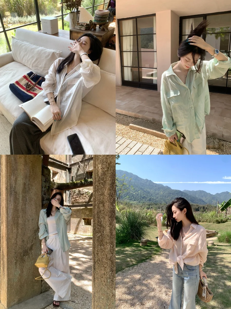 

Женская легкая дышащая рубашка из шелка и хлопка с длинным рукавом, V-образным вырезом, защитой от солнца, весна-лето, новинка, простой дизайн