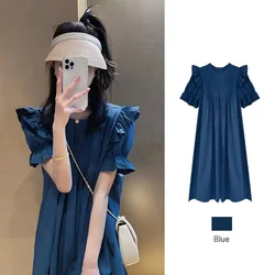 Maternity Summer Dress Short Sleeve O-Neck Puff High Waist Pregnant Women Cotton Loose Pregnancy Clothes Wholesale