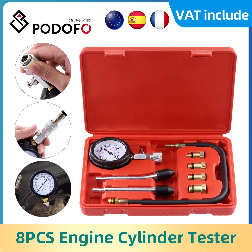 Podofo 8PCS Car Cylinder Testing Kit Gasoline Engine Compression Meter 0-300 PSI Manometer With Adapter M10 M12 M14 M18