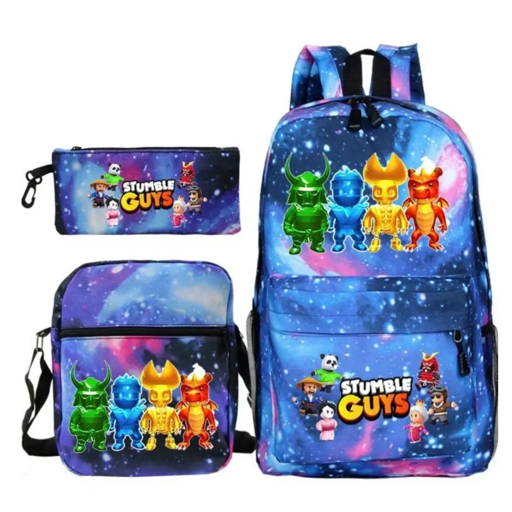 Mochila de lona Stumble Guys para estudantes, bolsa escolar para meninos e meninas, bolsa de viagem para adolescentes, zíper portátil, 3pcs