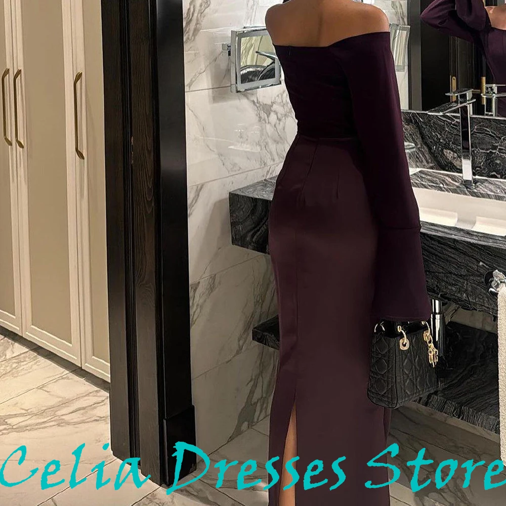 Zipper Back Back Slit Ankle Length Straight Boat Neck Elegant and Luxury Evening Dress Off the Shoulder Satin Long Sleeves