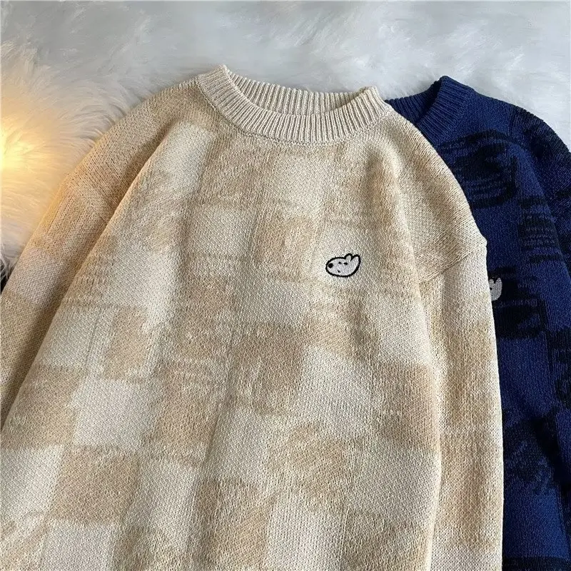 Loose Fit Men's Knitted Sweater round Neck Embroidered Floral Pattern Lazy Style Retro Cartoon Print Casual Top for Autumn Wi...