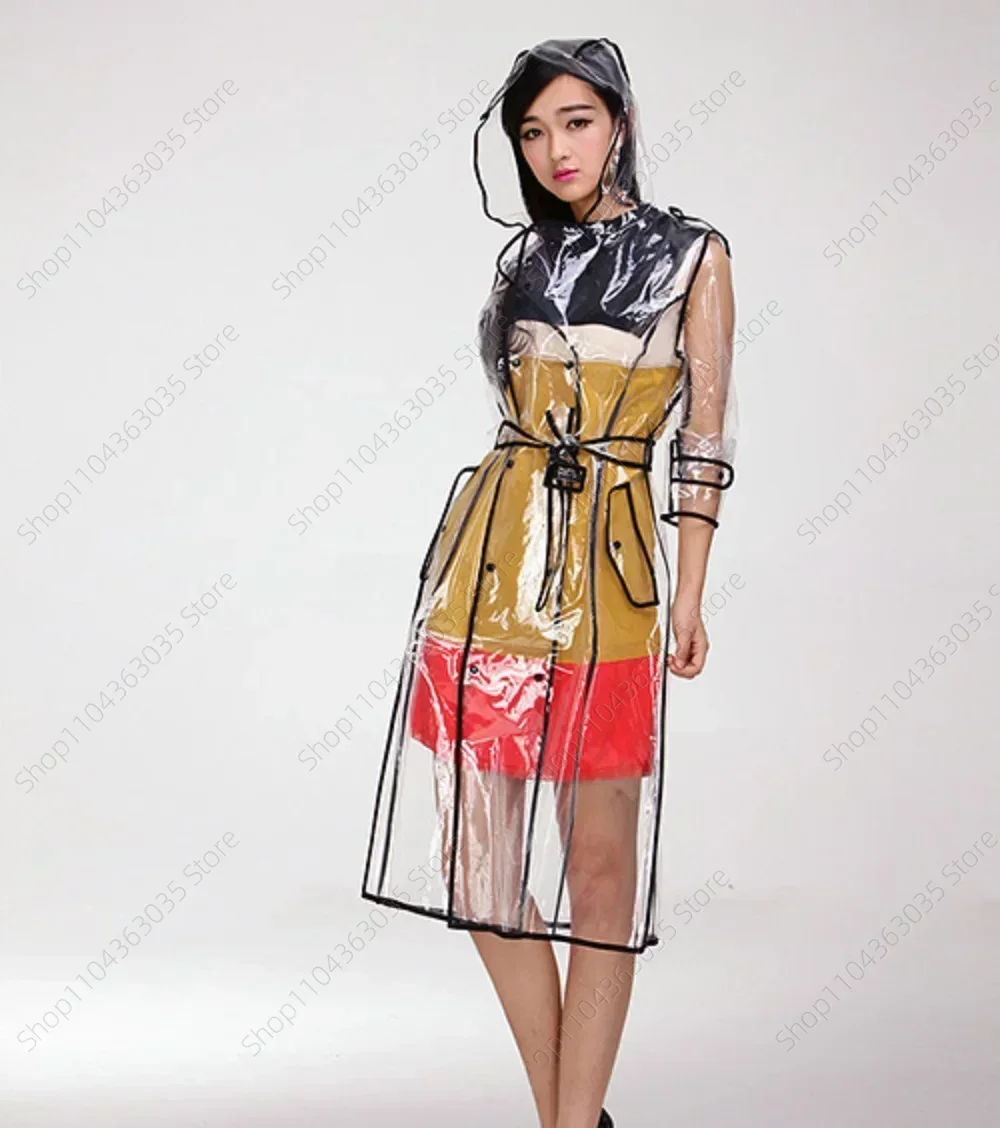 

Waterproof Transparent Plastic Clear Long Ladies Raincoats Women Men Fashion Rain Coat Jackets Hooded with Belt EVA