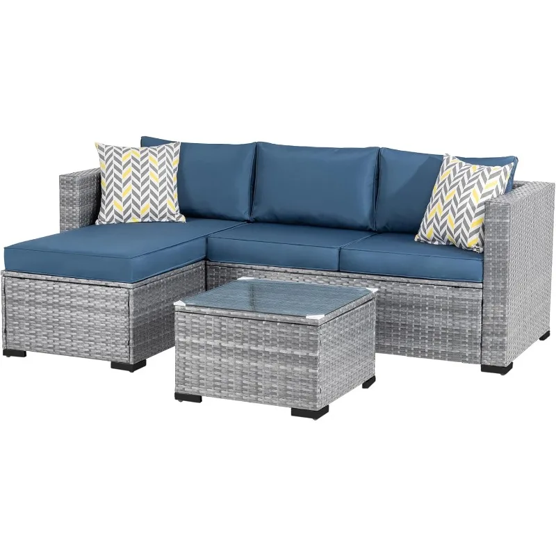 Patio Furniture Sets 3 Pieces Outdoor Sectional Sofa Silver All-Weather Rattan Wicker Sofa Small Patio Conversation Couch