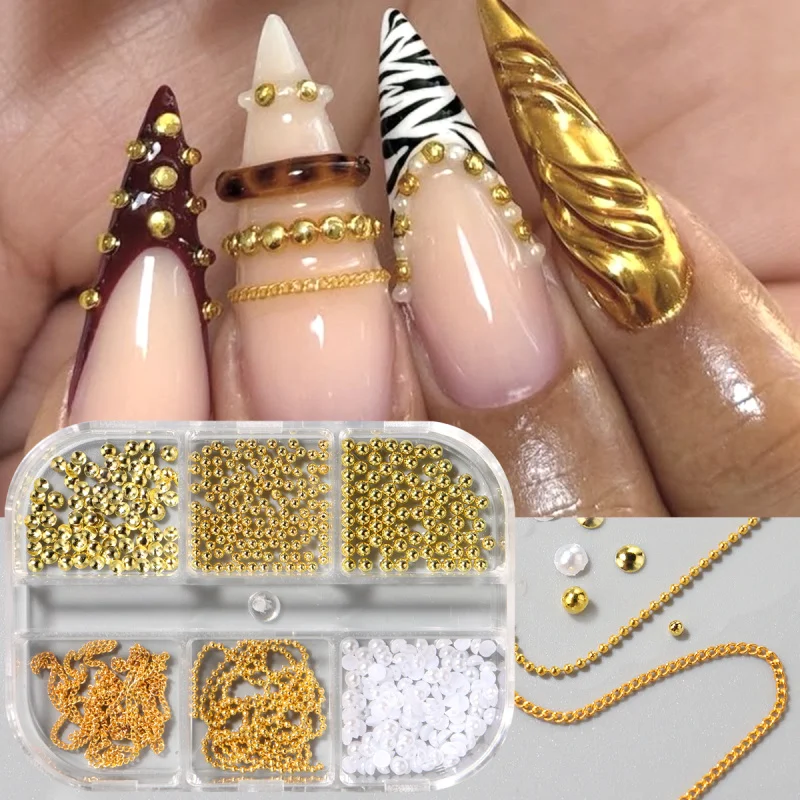 6-teilige Metall-Kaviar-Perlen 3D Nagelketten Dekorationen Elegantes Gold-Silber-Ketten-Design Y2K Punk Legierung Nagel-Charm Schmuck – Detail 2