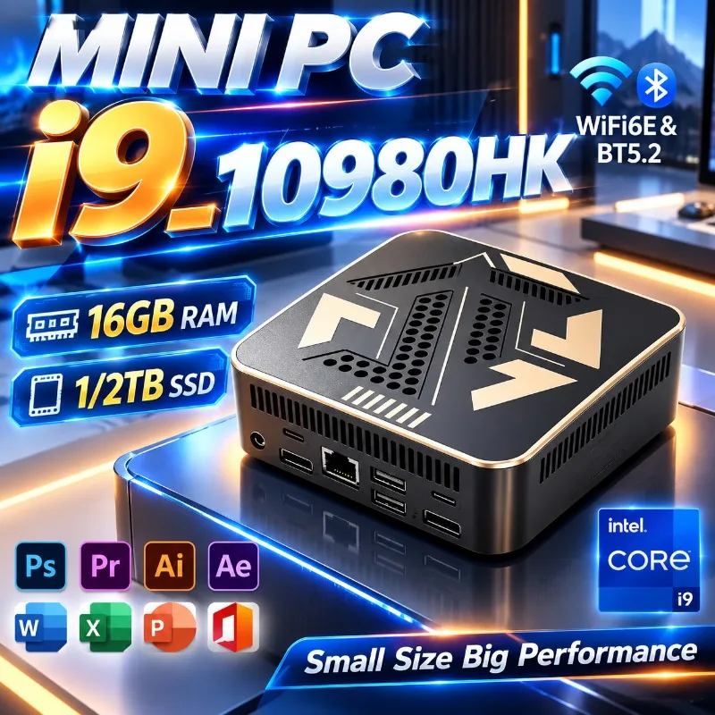 강력한 성능의 코어 i9-10980HK 미니 데스크톱 PC, 16GB RAM, 1/2TB M.2 NVMe SSD 옵션 제공, 4K 디스플레이 지원, 게임 및 사무용으로 적합한 소형 PC