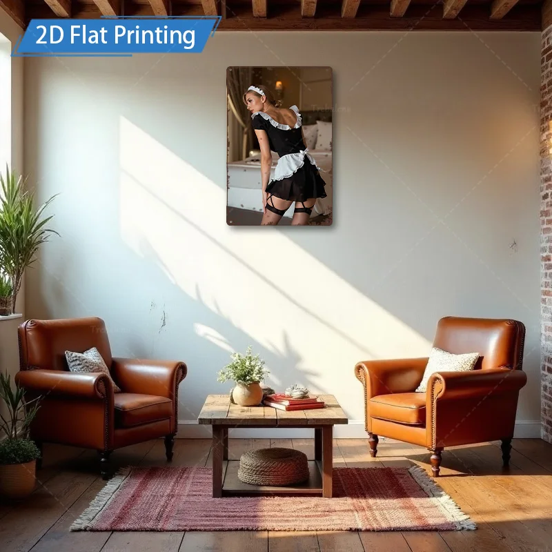 Targa in metallo da 1 pezzo, 4x16 pollici "Arte da parete con stampa piatta 2D in stile cameriera vintage per la decorazione domestica"