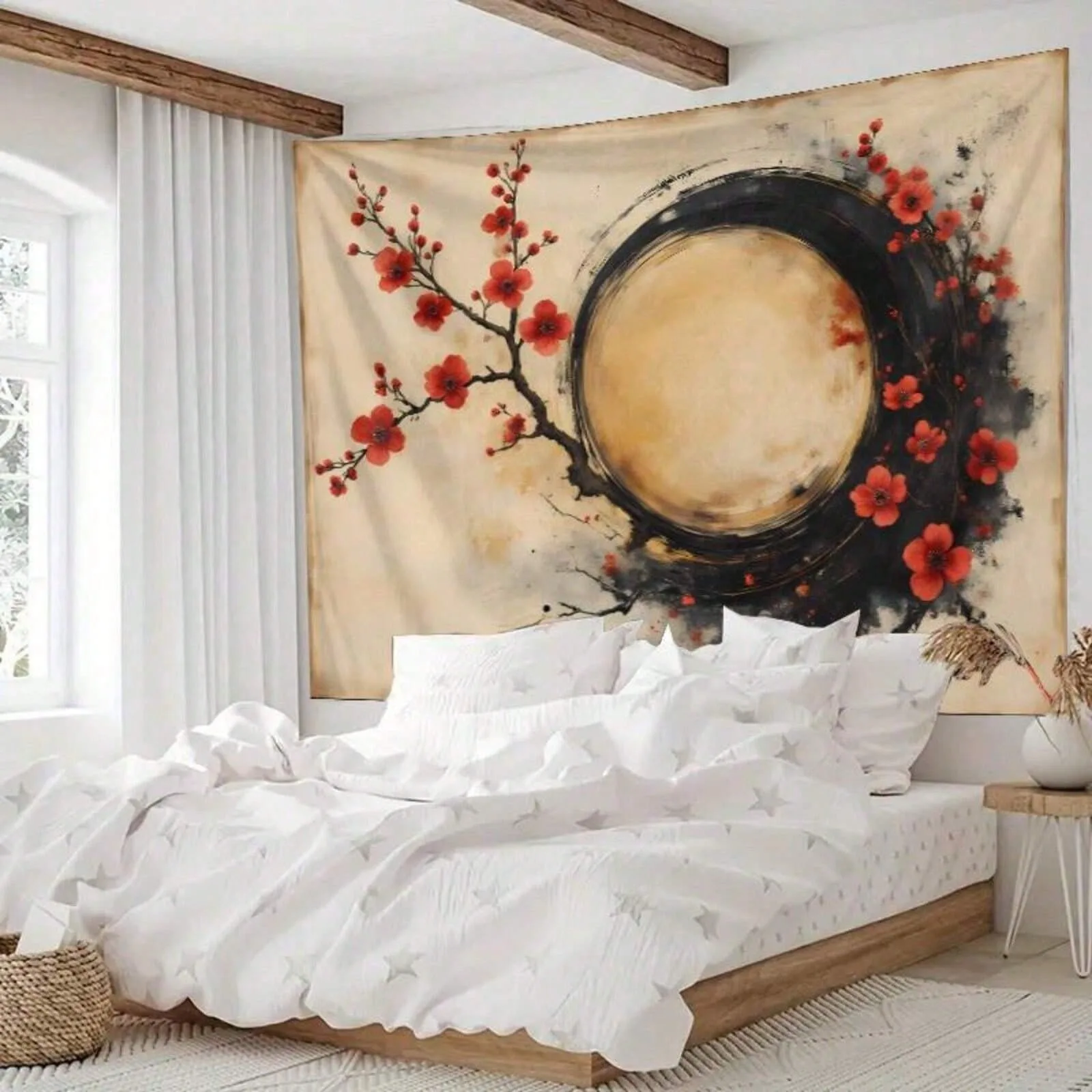 1pc Japanese Zen Plum Blossom Wall Tapestry for Bedroom Living Room, Polyester 2D Print, Wabi Sabi Decor & Unique Housewarming G