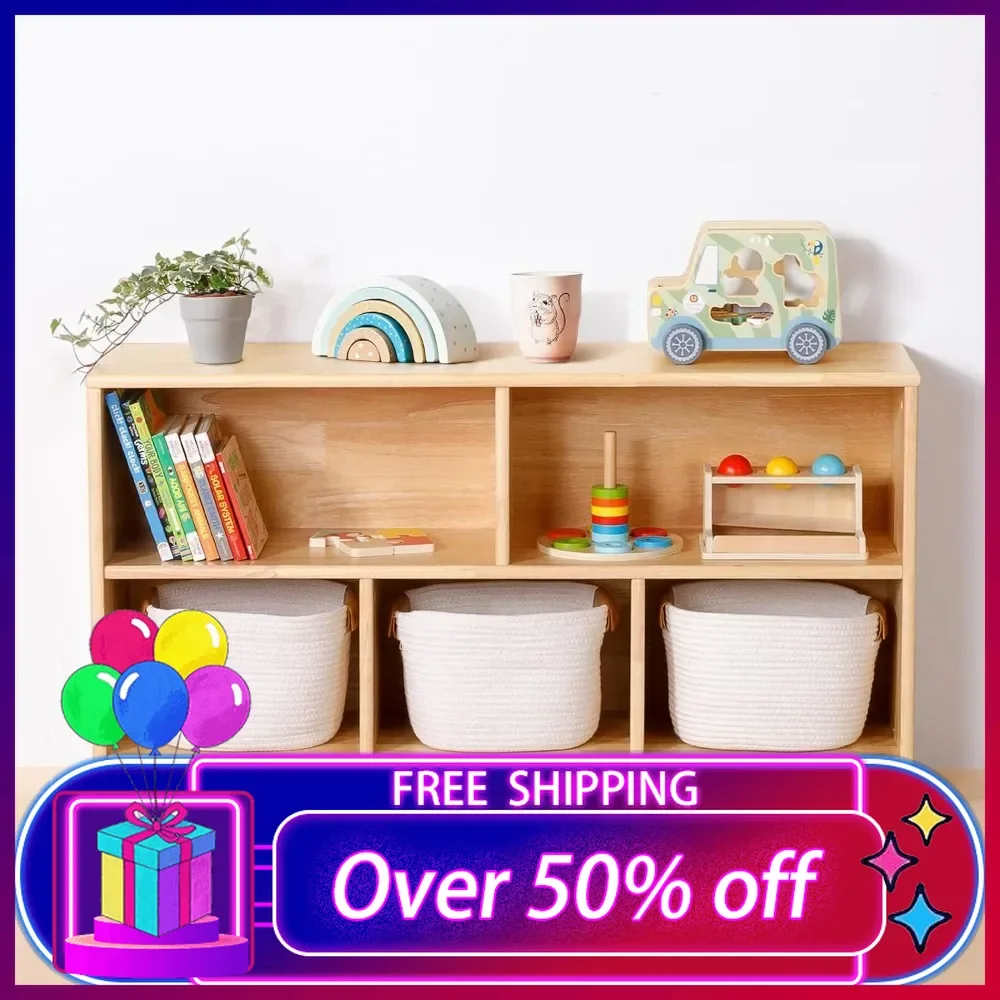 

Rubber Wood 5-Compartment Montessori Shelf, 43.3" L, 2-Tier Toy Organizers and Storage, Wooden Storage Cabinet for Kids Room