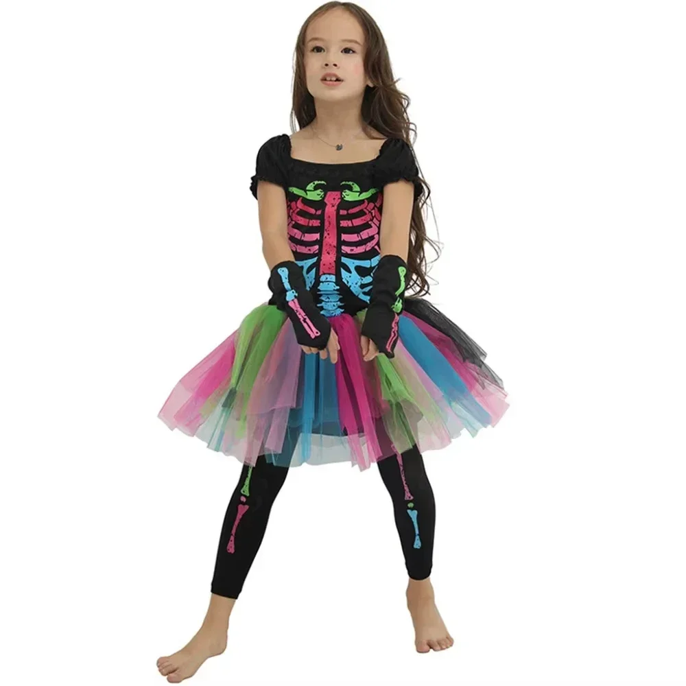 Kinder-Halloween-Hexen-Outfit für Mädchen, farbiges Skelettmuster, Tutu-Kleid, Leggings, Hut, Besen, Halskette, Süßigkeitentasche, Party-Kostüm-Set – Detail 3