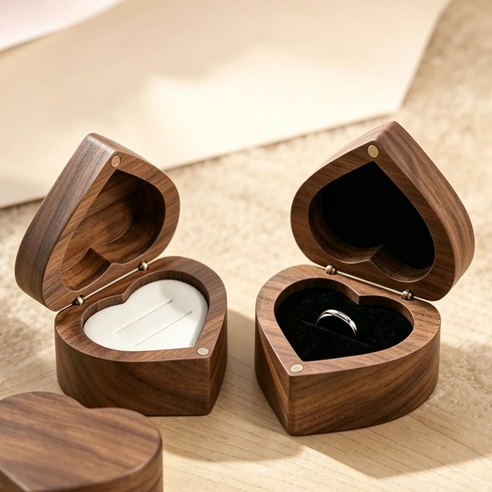 

Wedding Heart Shaped Double Ring Box Birthday Banquet Walnut Wood Gift Packaging Box Shopping Mall Jewelry Cabinet Display Tools