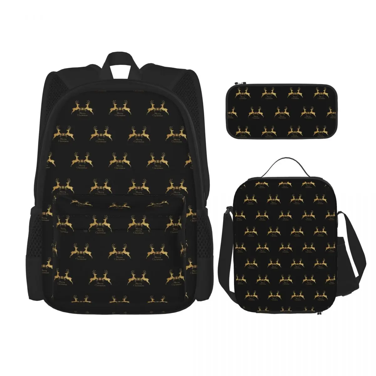 

Christmas Gold Deer Backpacks Boys Girls Bookbag Children School Bags Kids Rucksack Lunch Bag Pen Bag Three-Piece Set