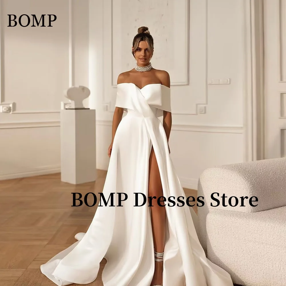 

BOMP Elegant Wedding Dresses Side High Slit Off the Shoulder Satin Bridal Gowns Wedding Dress Photo Shoot Customized