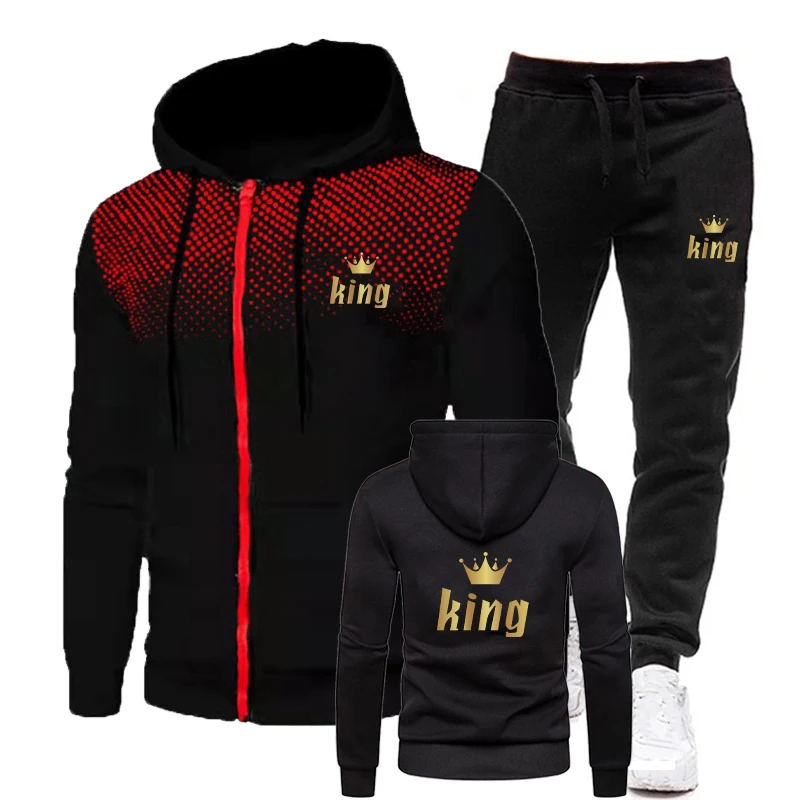 Men Gothic Zipper Casual Hoodies Suit Winter Autumn Long Sleeve Sports 2 Piece Set Long Pants Street Print Gradient DropShipping