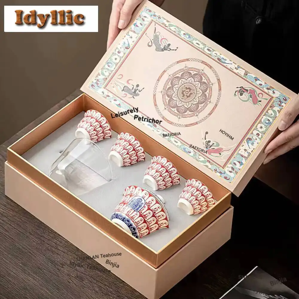 Chinese Thousand Buddha Reverse Mouthed Tea Set Complete Vintage Ceremony Teapot And Cup For Gift Box Tea Ceremony Accessories