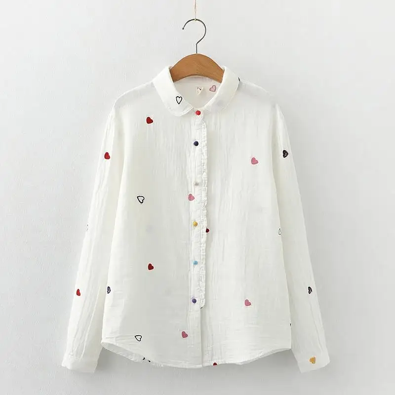 2023 Autumn New Fine Women's Collar Printed Shirt Female Casual Long Sleeve Loose Blouses and Tops Lady Fresh White Blue Shirt