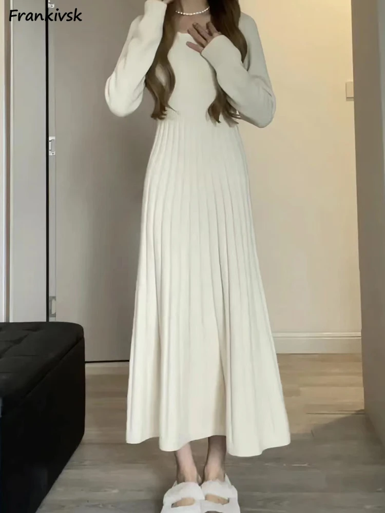 Solid Pleated Dresses Women Maxi Pleated Autumn Winter Advanced Simple Sweet Normcore Prevalent Exquisite Slim Elegant Daily