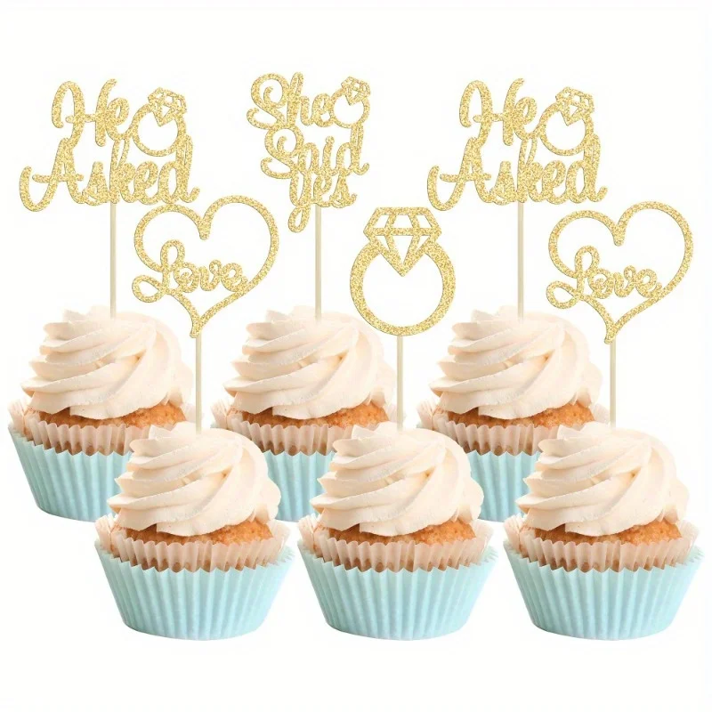 

12Pcs Diamond Ring Cupcake Topper Heart-shaped Love Cake Decoration for Wedding Bridal Shower Party Baking Supplies