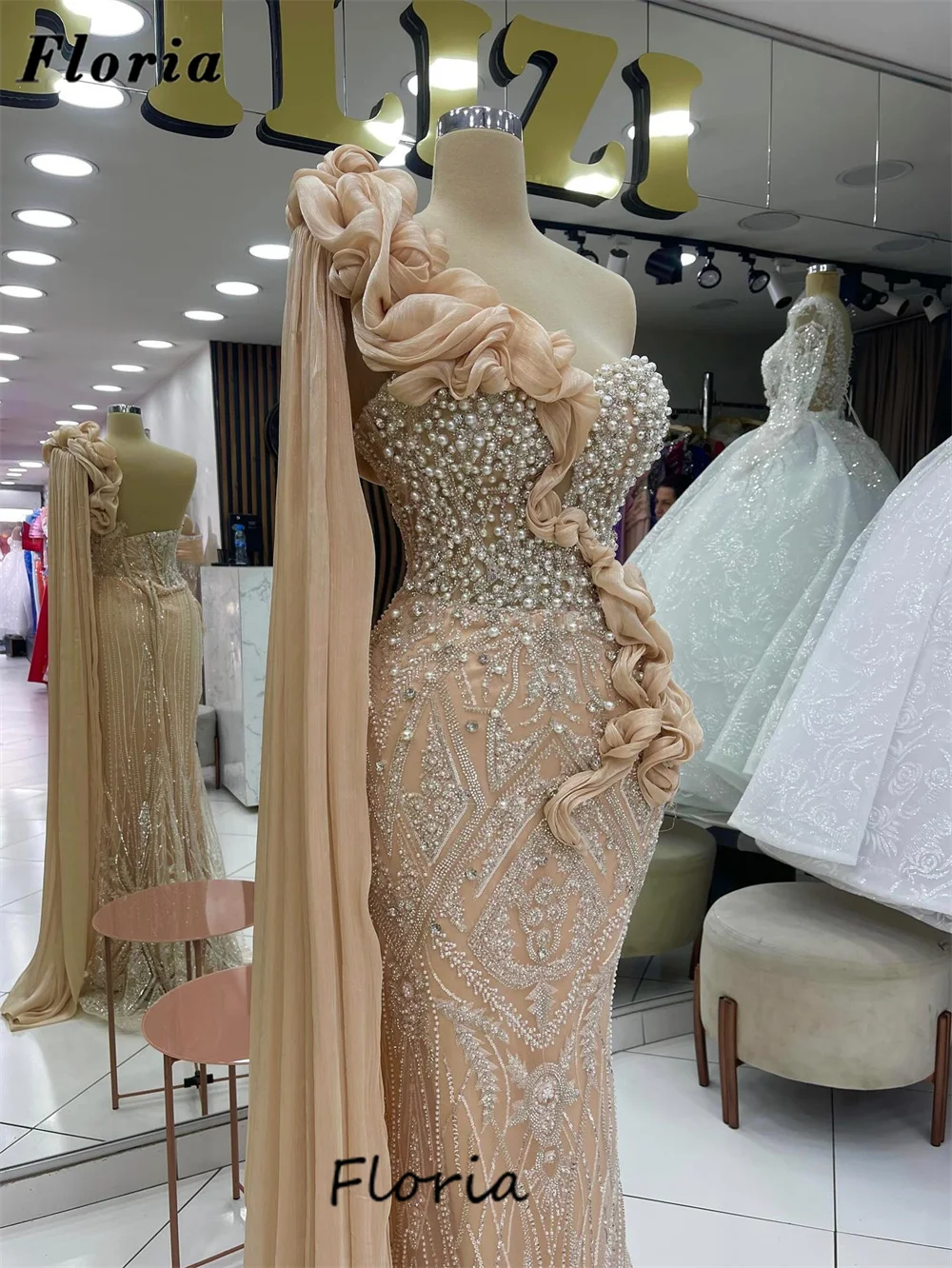 

New Fashion Champagne One Shoulder Evening Dresses Arabic Beaded Crystals Prom Dress Party Gowns Vestidos De Cóctel Customized