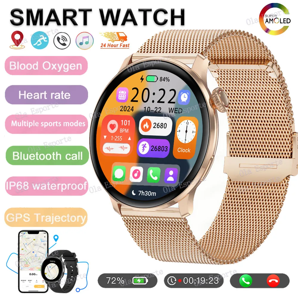 

Модные умные часы для женщин 360*360 AMOLED HD экран GPS отслеживание IP68 водонепроницаемые умные часы с мониторингом сердечного ритма и здоровья 2025 новинка