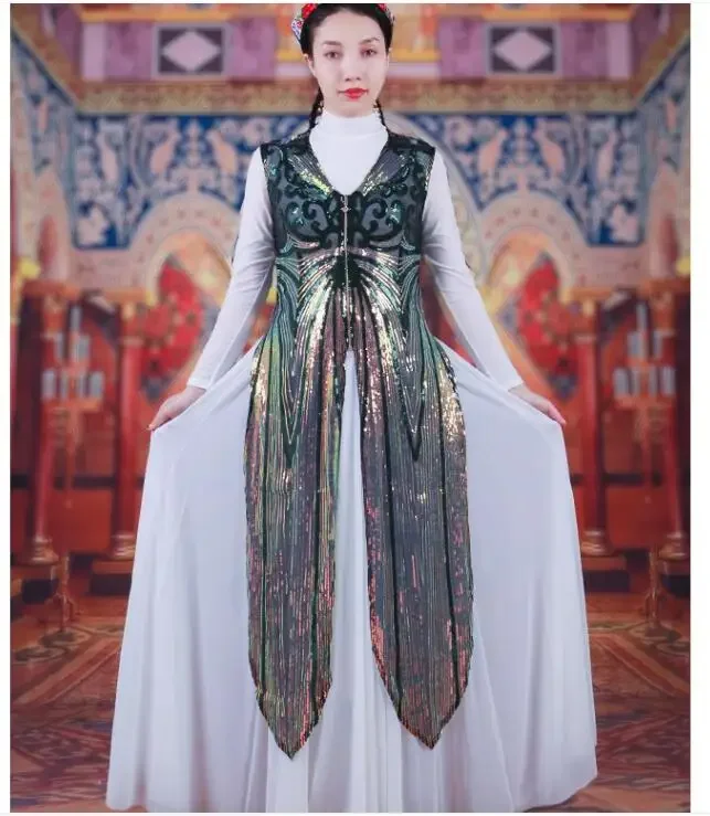 Xinjiang Dance Red Sequins Women's Long Vest