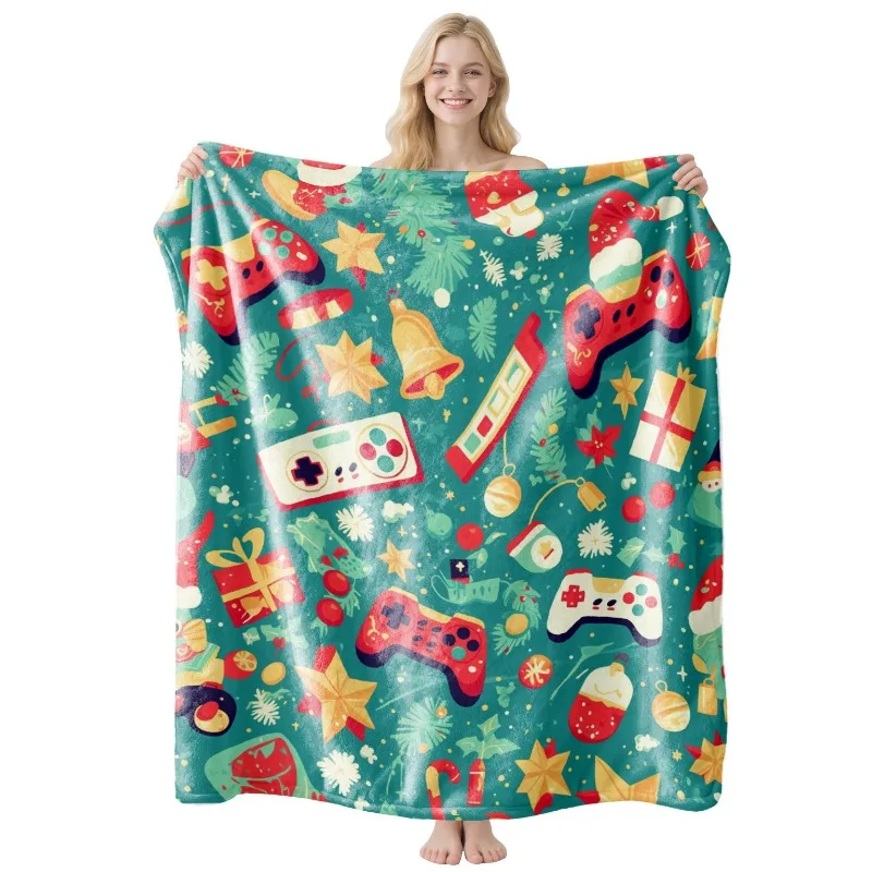 Christmas Throw Blanket Green Background Game Controller Gift Bell Star Printed Soft Lightweight Decor Blanket