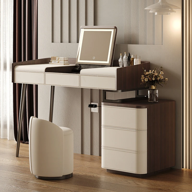 

Light and luxurious dressing table and closet integrated small bedroom leather solid wood dressing table
