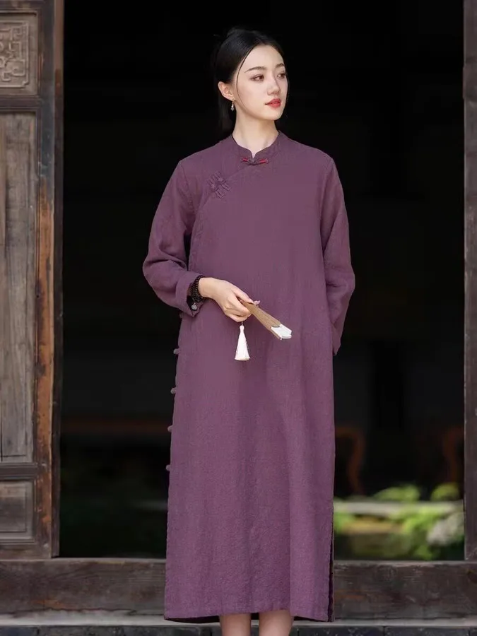 جديد المرأة الصينية Sle الخريف الرجعية زن العقل الجانب زر تعديل تشيباو تنورة Faionable التقليدية طويلة Sve irt #2