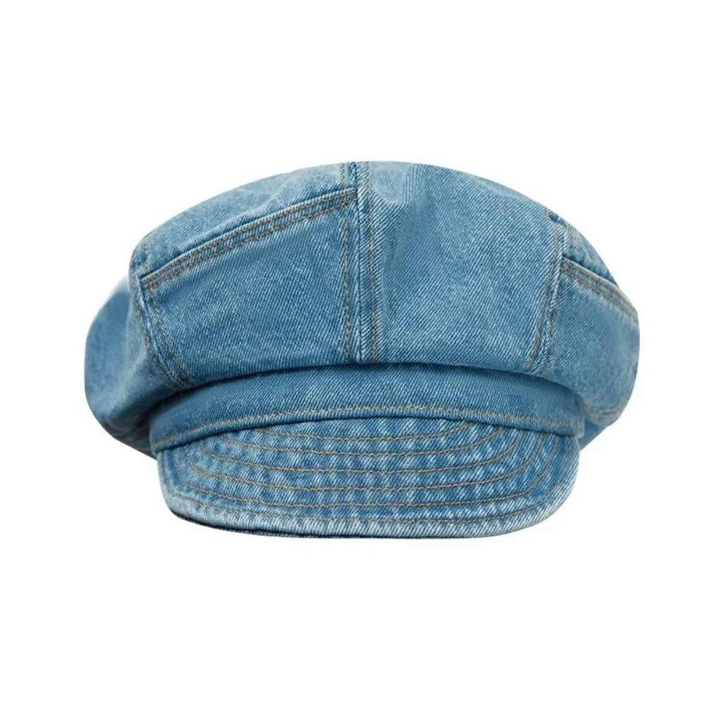 

Retro Vintage Washed Denim Beret Cloud Visor Octagonal Cap Newsboy Artist Peaked Hat Women