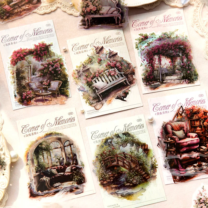 10 pcs Vintage INS courtyard theme PET Stickers pack Adhesive DIY Hand Account Diary Album Scrapbooking Material