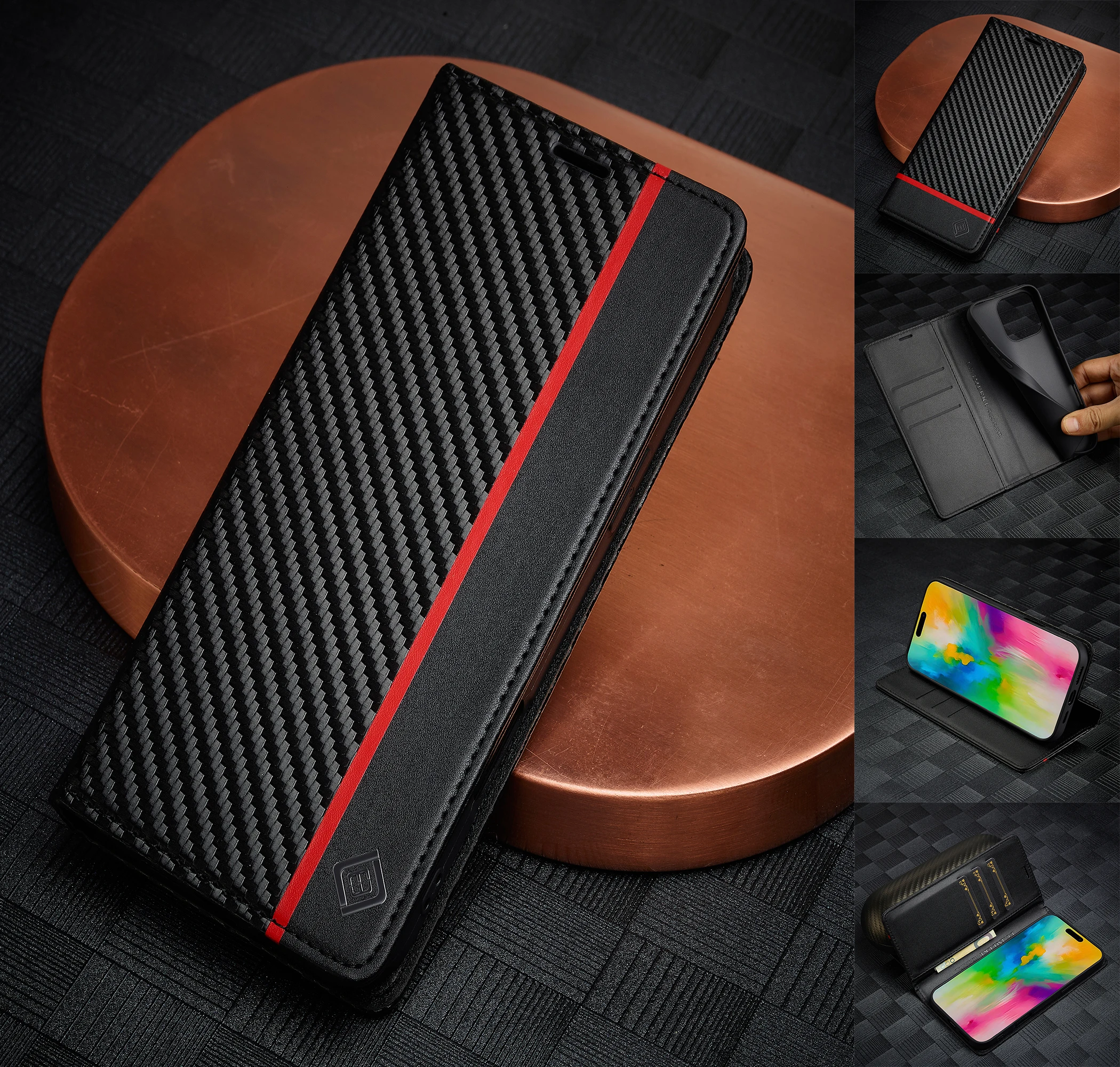

Кожаный чехол из углеродного волокна для iPhone 16, 15, 14, 13, 12, 11, 17 Pro Max 16 Plus 16e Xs Max SE2 SE3, деловой чехол-бумажник с откидной крышкой