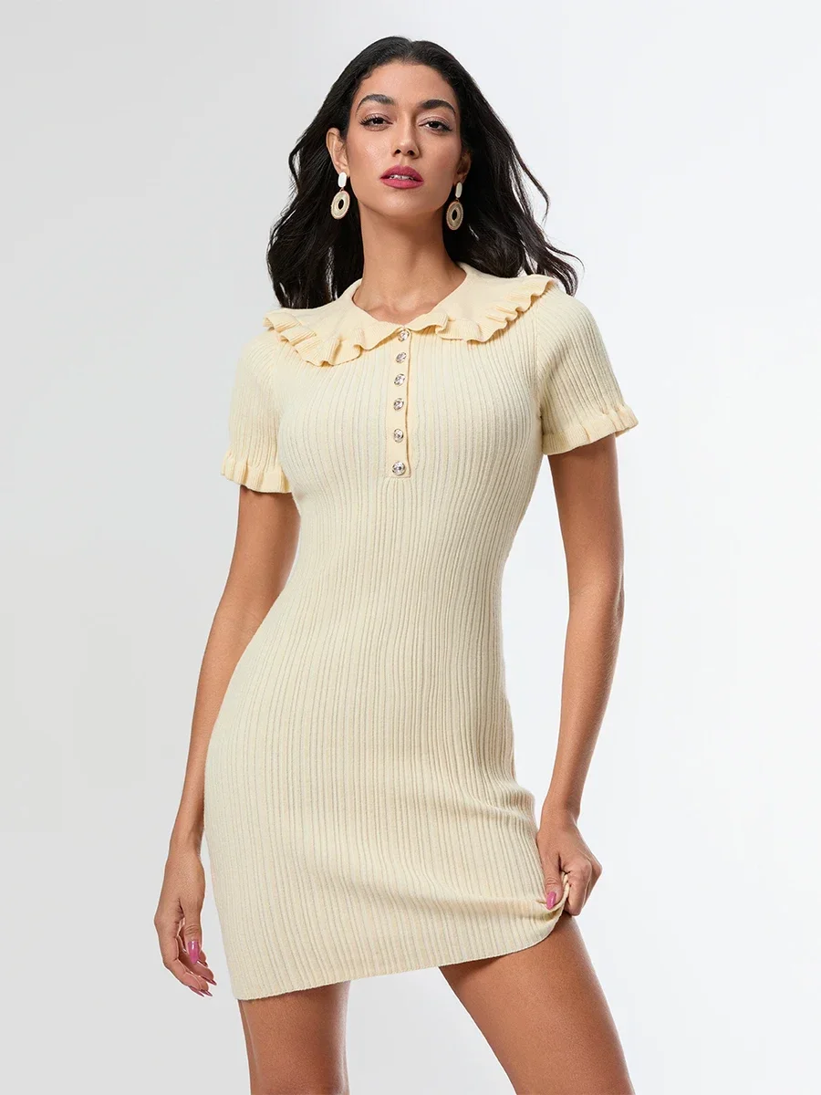 

Women's Elegant Chic Knit Ribbed Bodycon Dress Ruffled Trim Peter pan Collar Buttons Wrap Short Dresses