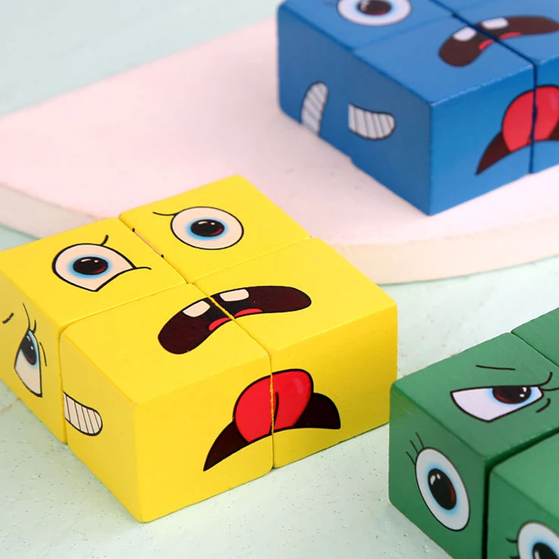 Kids Face Change Expression Puzzle Building Blocks Montessori Cube Table Game Toy Wooden Educational Toys for Children Gifts