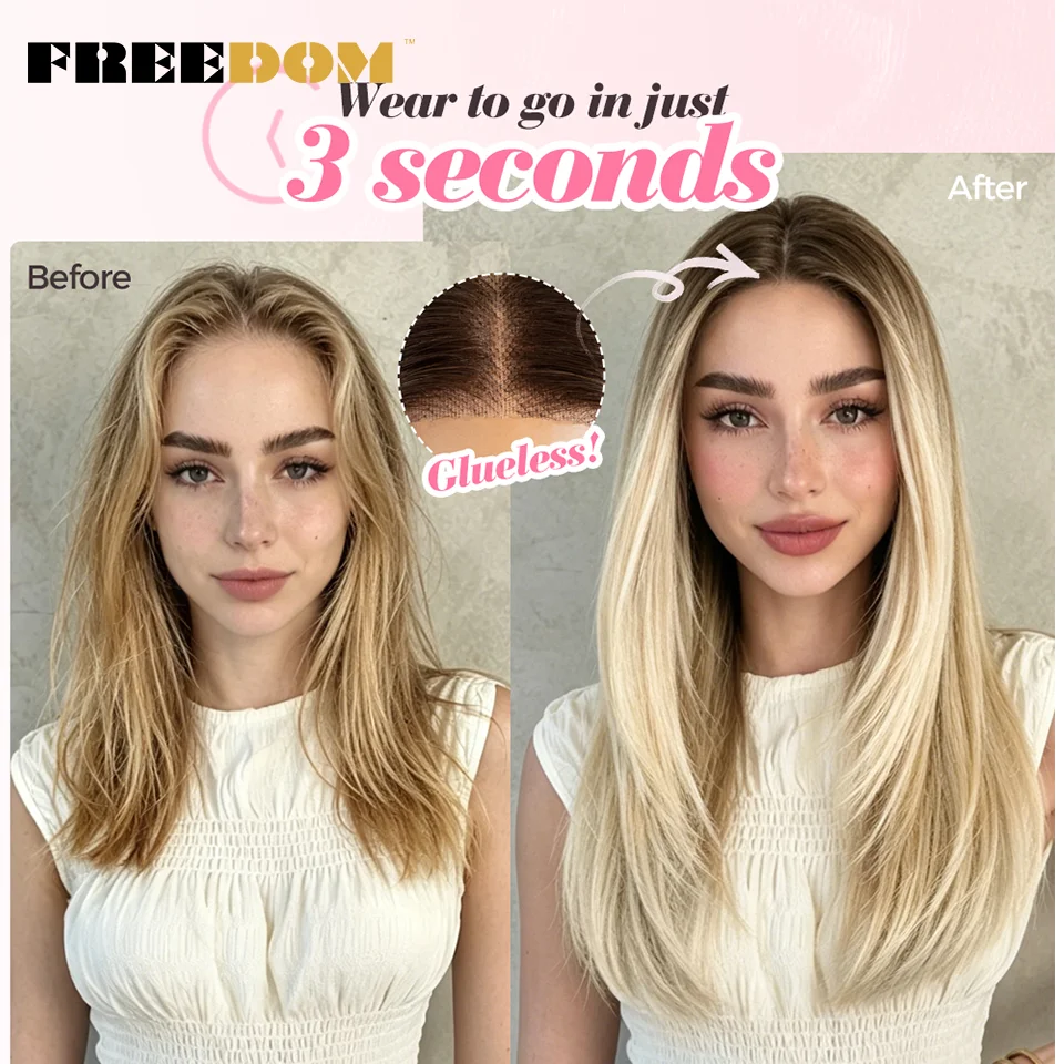 FREEDOM 13x3 Synthetic Lace Front Wigs For Women 18 Inch Layered Straight Pre-plucked Pre-cut Ombre Brown Blonde Daily Use Wigs