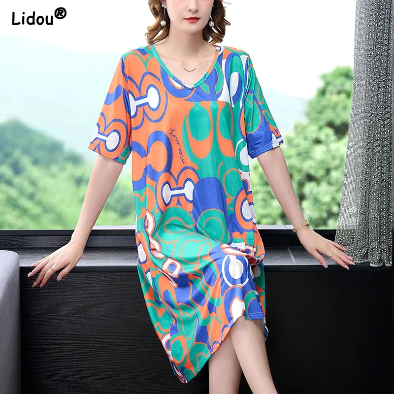 

Knee Skirts Fashionable Short Sleeve Dresses Printing Pullovers Thin Oversized Comfortable V-neck Loose Summer Women's Clothing