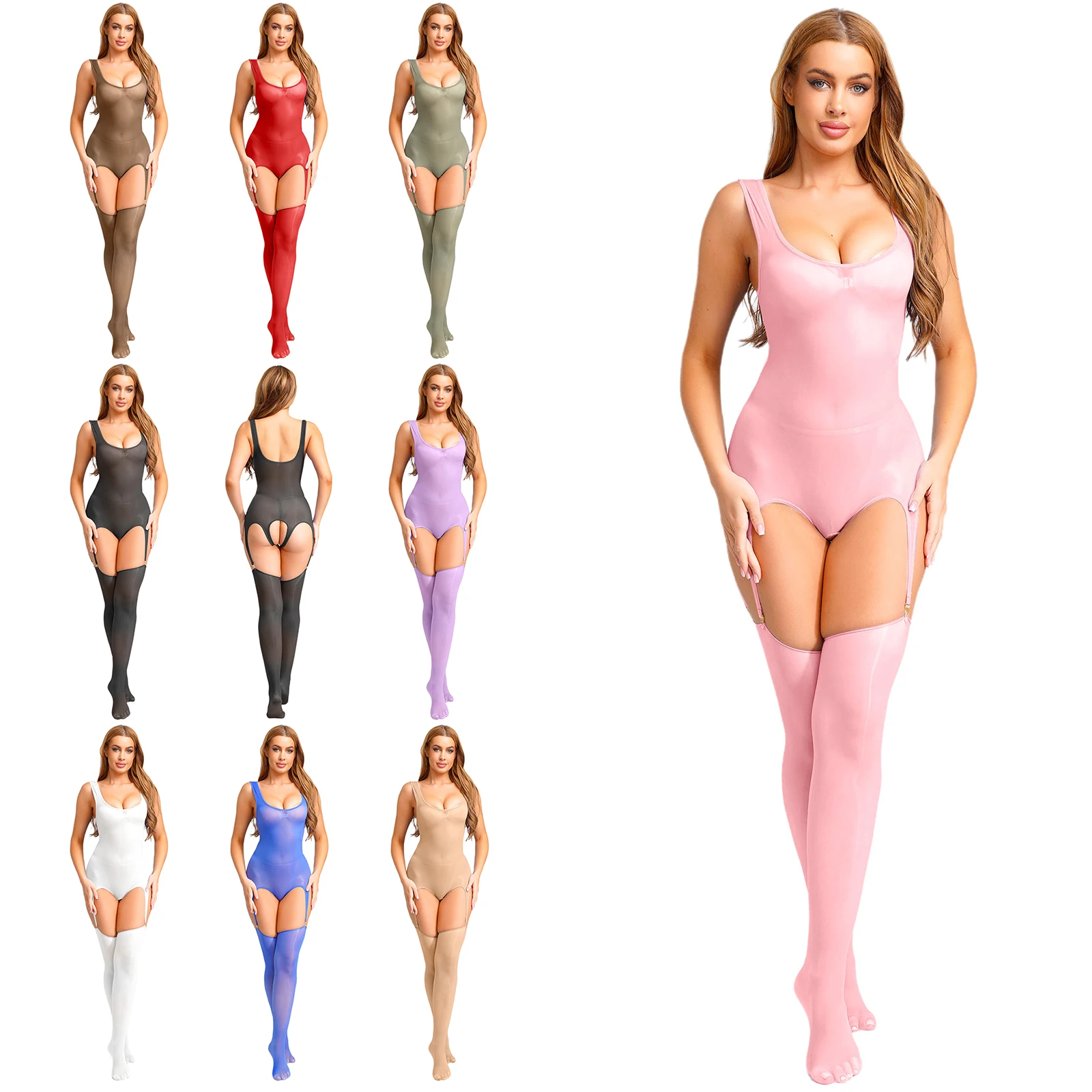 Body da donna lucido con apertura sul cavallo Body scavato con reggicalze Bretelle e calzini alti alla coscia Lingerie sexy Teddy da notte