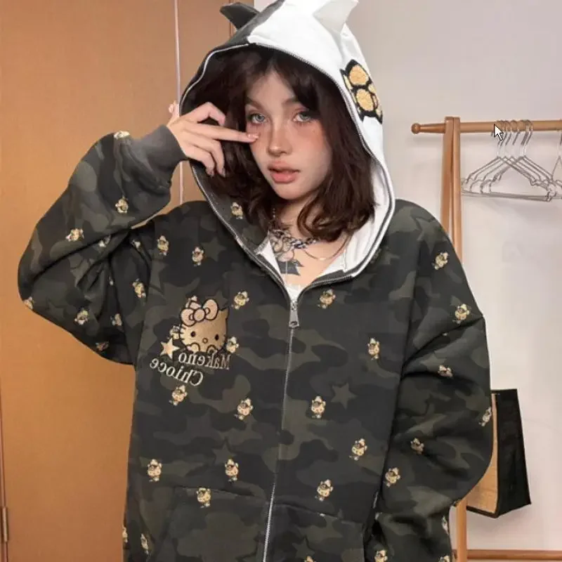 Hot Kawaii Hellokitty Hip-Hop Sweatshirt Camouflage Print Hooded Tops Loose and Versatile Student Couple Casual Versatile Jacket