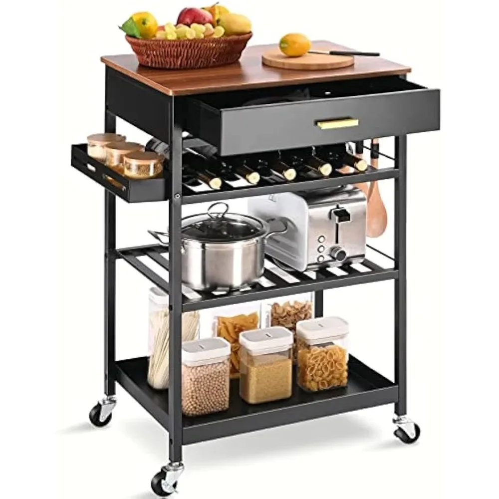 

Storage Rack Trolley, Kitchen Island Cart with Drawers on Wheels, Rolling Kitchen Serving Cart with Hooks and Wooden Tabletop