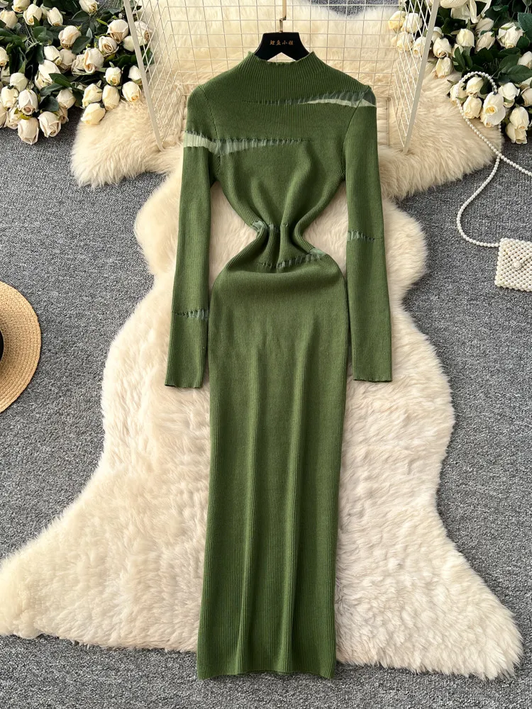 

Korean Mock Neck long sleeved knitted irregular dress women's waist cinched hollowed out SKinny high waist Maxi Dresses woman