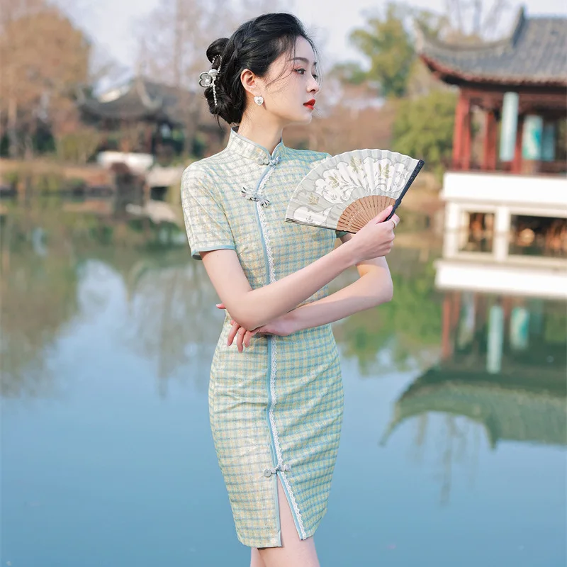 

Green Lace Plaid Dress Traditional Summer Cheongsam Women Slim Vintage Dresses Short Qipao S To XXL Pink