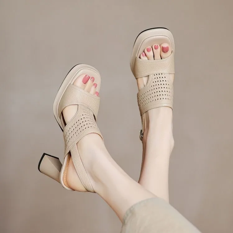 

Sheepskin 9cm Ultra High Heel Open Toe Sandals Summer New Style Single Buckle Fashion Shoes Versatile Platform Women's Shoes