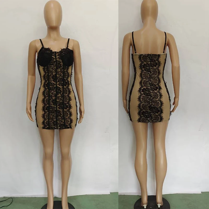 Nachtclub Party Sexy Kleid für Frauen Geburtstag Outfits Elegante Spitze Sheer Mesh Patchwork Schwarz Bandage Sommer Mini, Figurbetontes Kleid